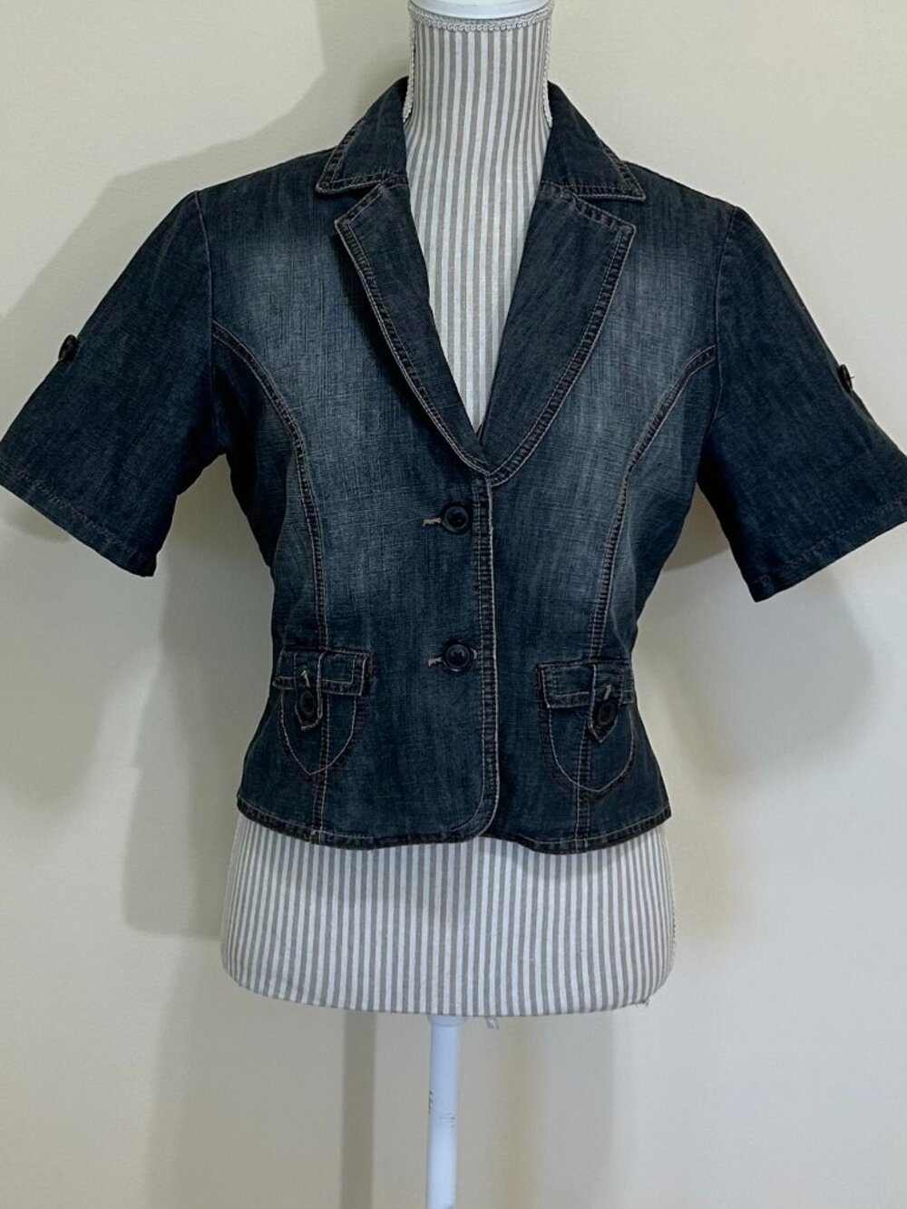 Woolworths Vintage Short Sleeve Denim Shirt Grey Size 36 Bust